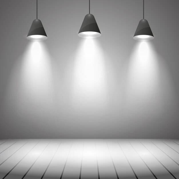 Interior de estudio con pared blanca e iluminación puntual. Proyector, realista claro, resaltado y piso, ilustración vectorial