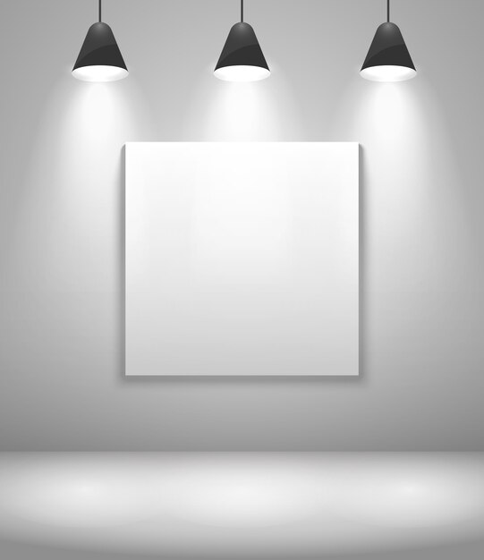 Interior de galería blanco con marco. Pared y cuadro, exposición y en blanco. Ilustración vectorial