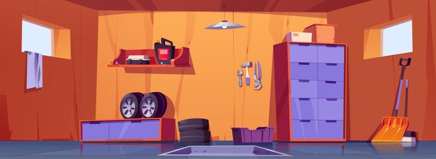 Interior de garaje con herramientas de reparación y neumáticos de coche.