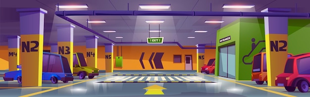 Interior del garaje subterráneo del estacionamiento del centro comercial