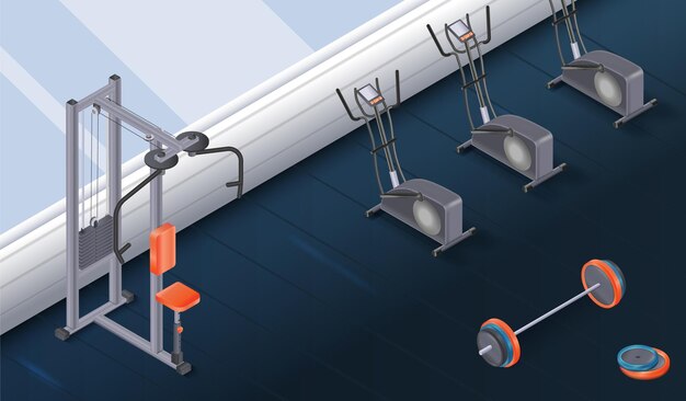 Interior del gimnasio con equipos modernos, entrenadores elípticos, barra y máquina de ejercicios de mariposas, ilustración vectorial realista