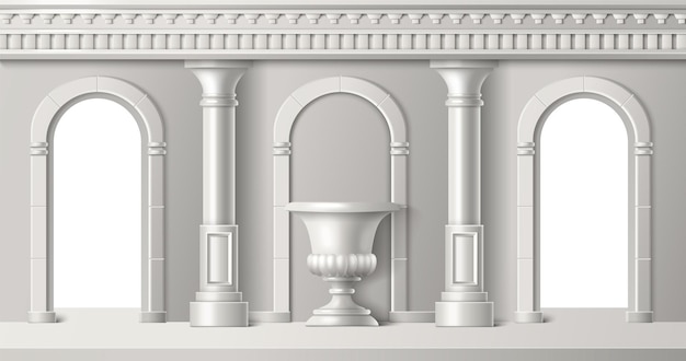 Interior de la habitación con arco de columnas romanas antiguas blancas