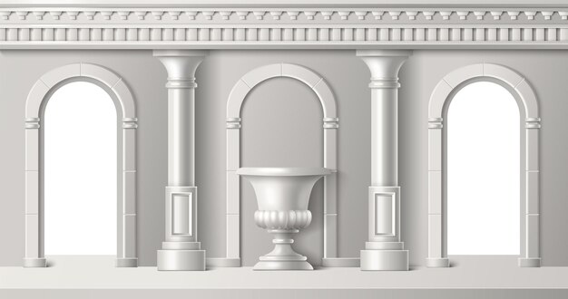 Interior de la habitación con arco de columnas romanas antiguas blancas