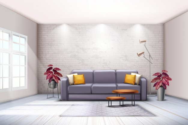 Vector gratuito interior de la habitación espaciosa con lámparas de pie de sofá y tonos decorativos de color púrpura hojas de plantas realistas