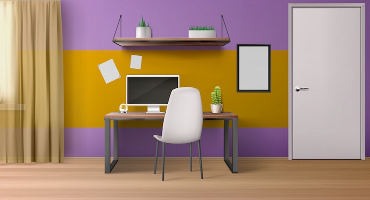 Vector gratuito interior de la habitación, lugar de trabajo con computadora en escritorio, asiento y estantes.