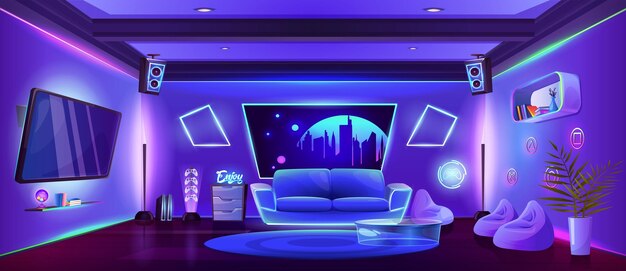 Interior de la habitación con muebles y equipos para juegos y transmisiones Configuración de estudio de dibujos animados para jugar en línea y transmitir Apartamento con elementos brillantes de neón y televisión en las paredes, sofá y gamepad de pufs