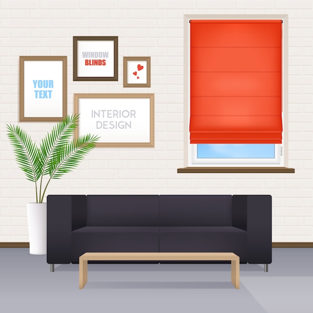 Vector gratuito interior de la habitación con muebles y persianas de la ventana