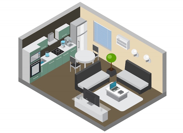 Interior del hogar con electrónica de consumo, así como aparatos de cocina, dispositivos inalámbricos para PC y TV, acondicionador y refrigerador isométrico