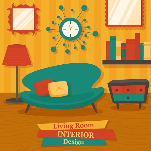 Vector gratuito interior interior sala de estar diseño con lámpara de sofá y estantería ilustración vectorial