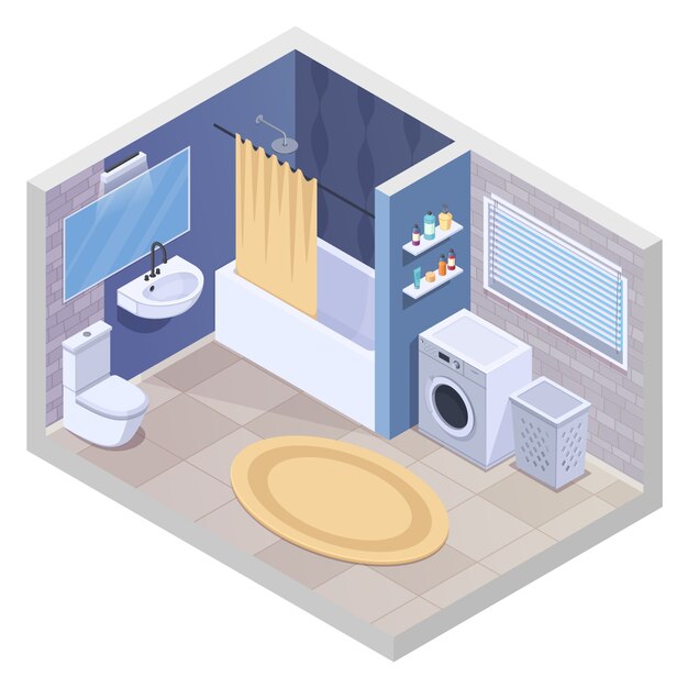 Interior isométrico del baño con instalaciones sanitarias realistas y muebles con lavadora, secador de toallas y alfombra, ilustración vectorial