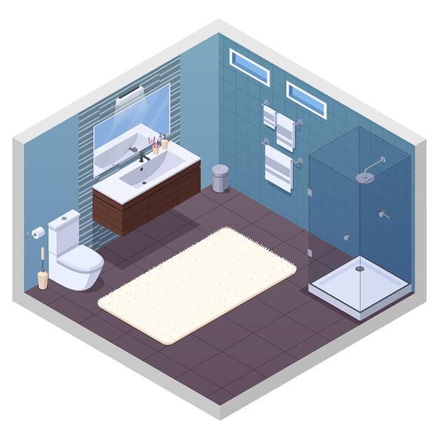 Interior isométrico del baño con unidad de ducha brillante, lavamanos, lavamanos, lavabos, lavabos y baño suave, ilustración vectorial