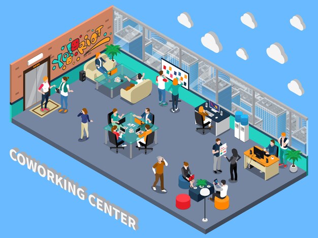 Interior isométrico del centro de coworking