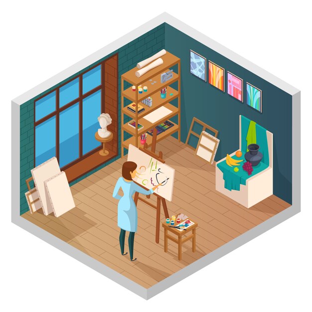 Interior isométrico del estudio de arte del aula con pinturas de estantes de ventanas y pintor femenino en la ilustración de vector de trabajo