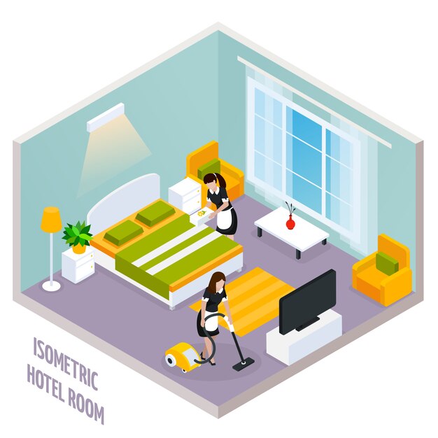Interior isométrico de la habitación del hotel