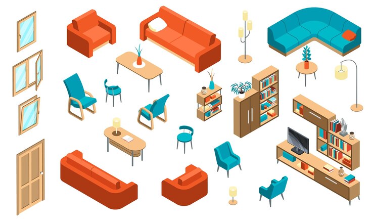 Vector gratuito interior isométrico de muebles para el hogar con íconos aislados de ventanas, sillas blandas, estanterías y lámparas de pie, ilustración vectorial
