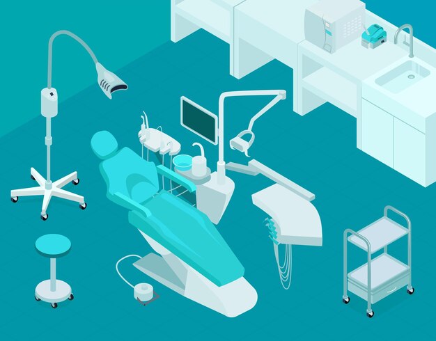Interior isométrico de la oficina de la clínica dental con unidad de silla fregadero ilustración de vector 3d de luz blanqueadora