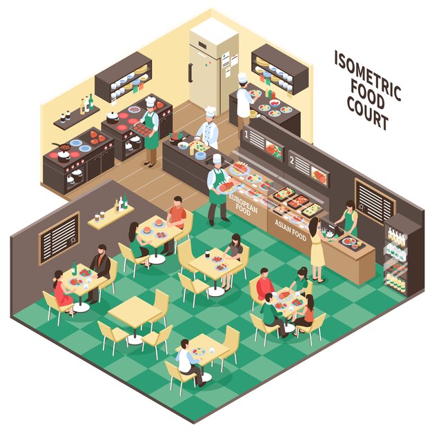 Interior isométrico del restaurante de comida rápida