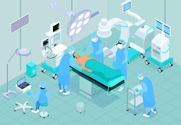 Interior isométrico de la sala de operaciones médica con el paciente en la mesa quirúrgica asistente de enfermera cirujano que realiza el procedimiento