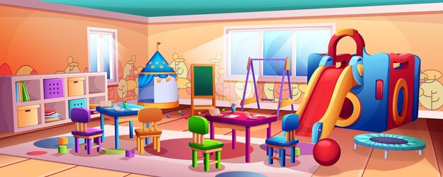 Interior de jardín de infantes de dibujos animados con mesas de juguetes y área de juegos para niños