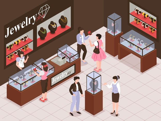 Interior de la joyería con exhibición de joyas y vendedores que se comunican con los clientes Ilustración isométrica 3d