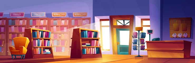 Vector gratuito interior de la librería con libros en estantes y estantes