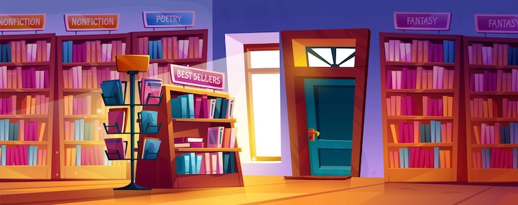 Vector gratuito interior de la librería con libros en los estantes
