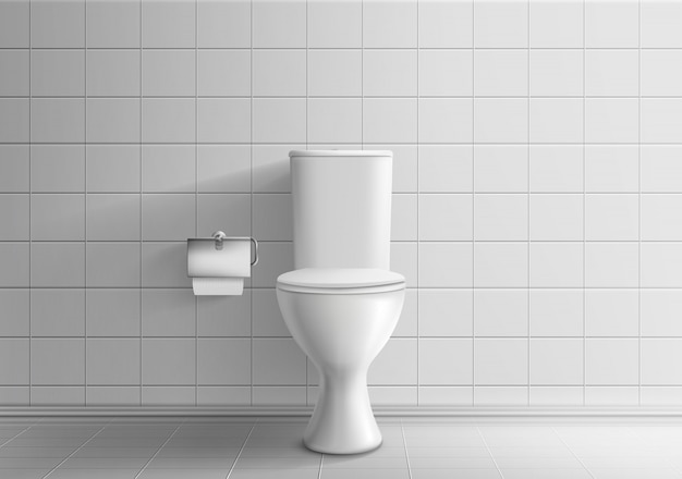 Interior minimalista de la sala de baños con paredes de azulejos y piso maqueta realista vector 3d