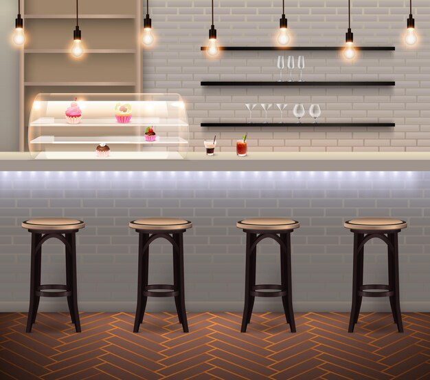 Interior moderno de cafetería con taburetes de bar y mostrador con pastelería en la pared de ladrillo