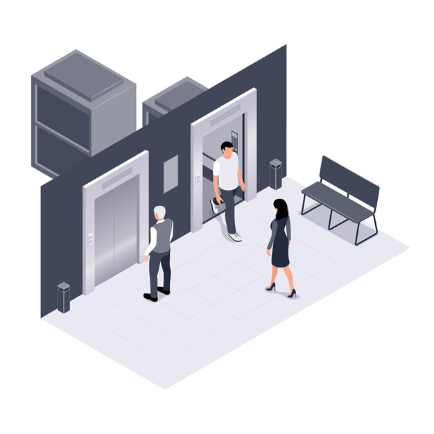 Interior moderno de espacio de oficina con dos ascensores de pasajeros composición isométrica ilustración vectorial