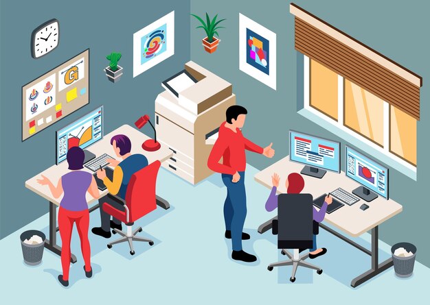 Interior de la oficina de estudio de diseño con un equipo de diseñadores que trabajan en proyectos ilustración vectorial isométrica 3d