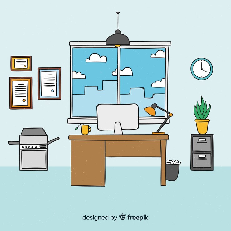 Vector gratuito interior de oficina moderna dibujado a mano