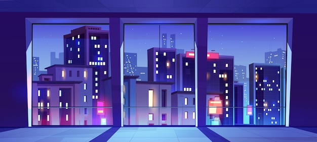 Vector gratuito interior de oficina de noche de habitación vacía con vista a la ciudad