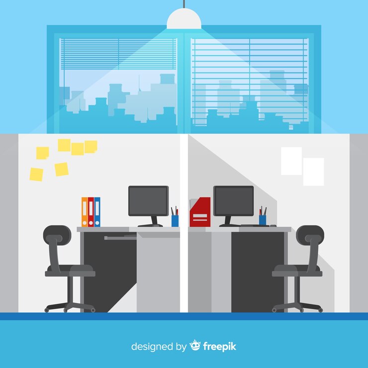 Vector gratuito interior de oficina profesional con diseño plano