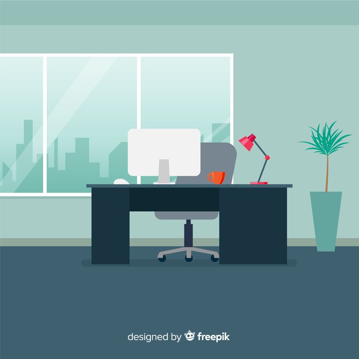 Vector gratuito interior de oficina profesional con diseño plano