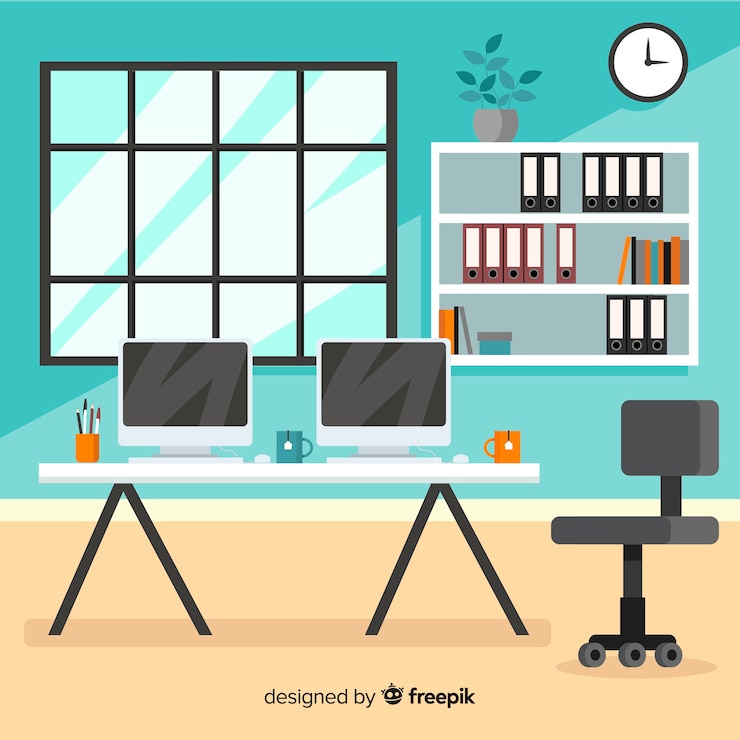 Vector gratuito interior de oficina profesional con diseño plano