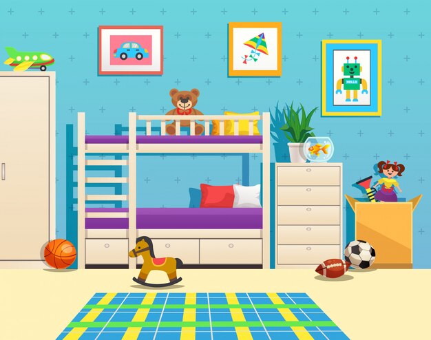 Interior ordenado de la habitación de los niños con imágenes de literas en la pared del acuario con peces y juguetes