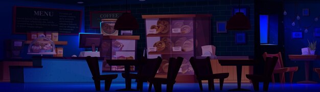Vector gratuito interior de la panadería cerrado por la noche ilustración vectorial de dibujos animados de la tienda con pan y pasteles dulces en vitrinas en la oscuridad mesas y sillas de caja registradora postres y bollos por la noche