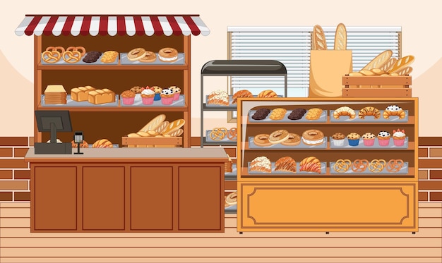 Interior de panadería con escaparate de panadería