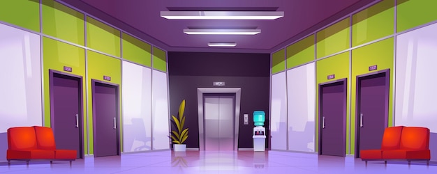 Vector gratuito interior del pasillo del edificio de oficinas con puertas de las habitaciones y ascensor pasillo de oficina vacío con muebles para la planta del enfriador de agua del sofá de espera y puertas de elevación ilustración de dibujos animados vectoriales