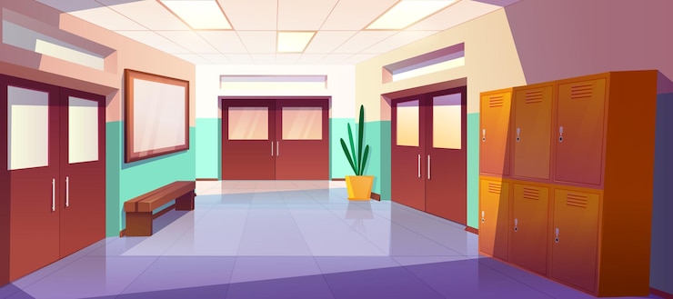 Vector gratuito interior del pasillo de la escuela de dibujos animados con casilleros puertas de aula cerradas y banco
