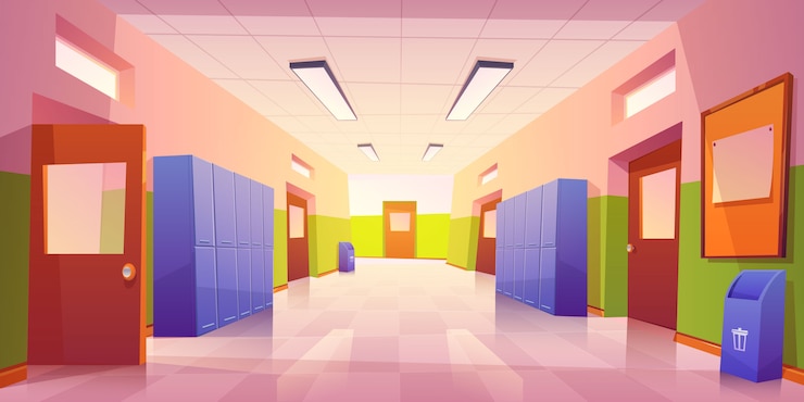 Vector gratuito interior del pasillo de la escuela con puertas y taquillas