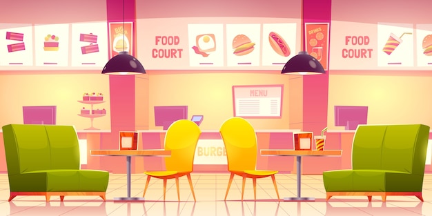 Interior de patio de comidas de dibujos animados