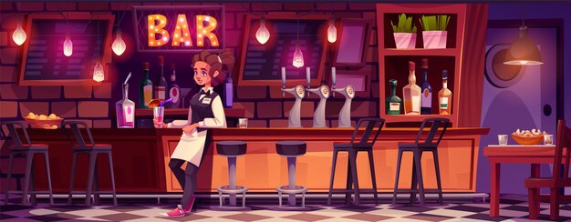 Interior de un pub con un camarero de pie cerca del mostrador de la barra