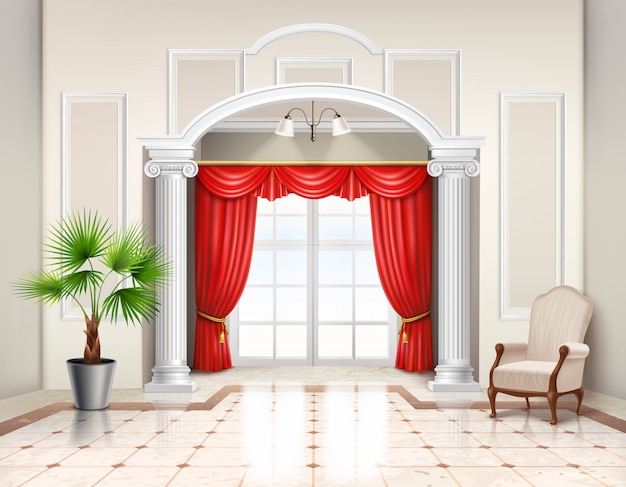 Interior realista en estilo clásico con columnas helenísticas, ventana francesa y cortinas rojas de lujo.