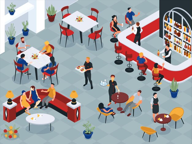 Interior del restaurante con gente sentada en mesas y camareros que sirven comida y bebida isométrica