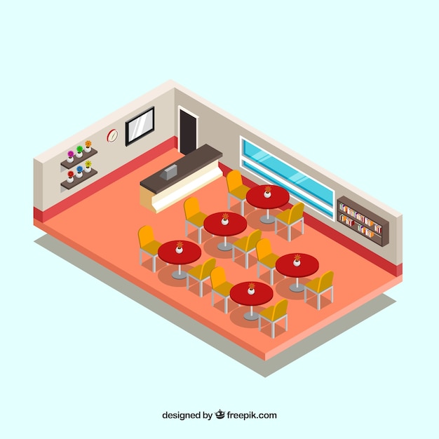 Interior de restaurante con mesas rojas en perspectiva isométrica