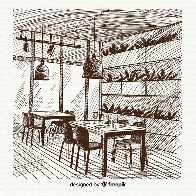 Interior de restaurante moderno dibujado a mano