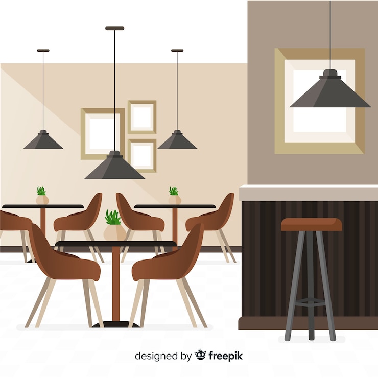 Vector gratuito interior de restaurante moderno con diseño plano