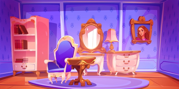 Interior retro vacío de la sala de estar de la princesa violeta