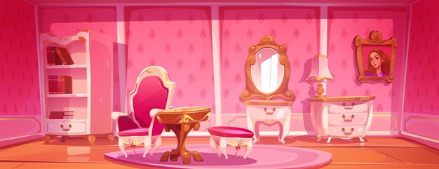 Interior retro vacío de la sala de estar rosa princesa